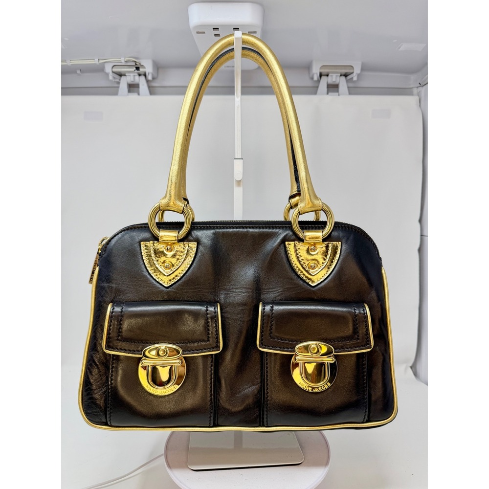Marc Jacobs Rare Vintage Runway Black Lambskin Gold Metallic Satchel Bag - Picture 3 of 17